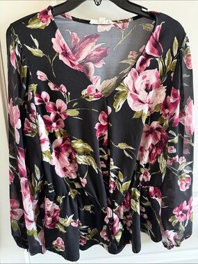 PerSeption Concept Black Floral V-Neck Blouse with Pink Roses